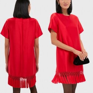 Tuckernuck XS Red Dupioni Tassel Downing Mini Shift Dress Fringe Hem Party